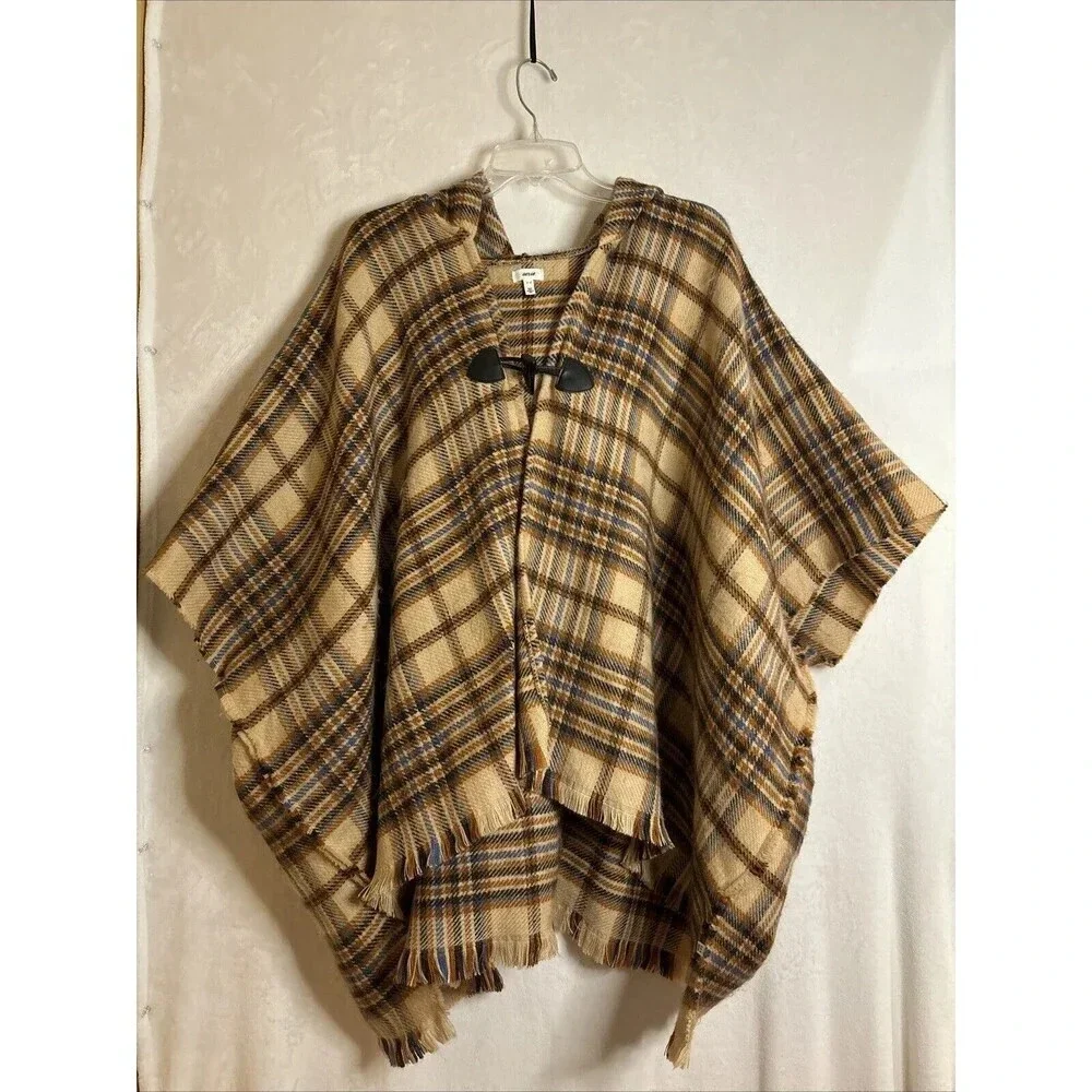 Aerie Hooded Plaid Poncho Shall Women's One Size Tan Toggle Front Closure